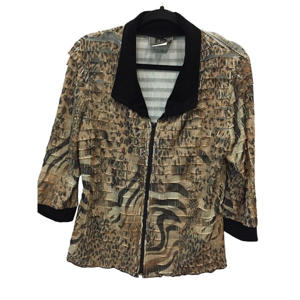 Slinky Brand‎ Full Zip Blazer Jacket Vintage Animal Print Womens M 3/4 Sleeve